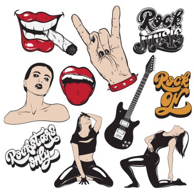 Vektör pimleri ve moda rozetleri çizilmiş topluluğu ver. Şablon kartı, poster, afiş, t-shirt, baskı için logo.