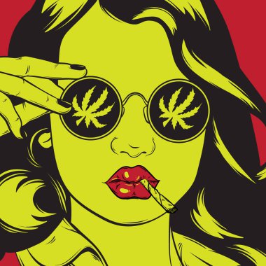 Güneş gözlüğü roll-up ve marihuana yaprağı kızla vektör elle çizilmiş çizim. Yaratıcı portre. Şablon kartı, poster, afiş, t-shirt, PIN, rozet için yazdırmak.