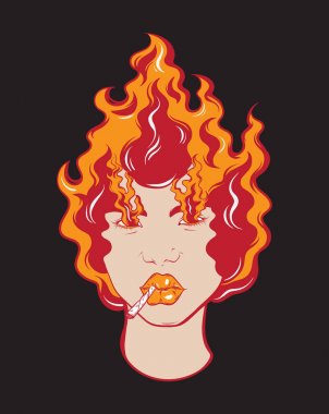 Yangın ve sigara ile kız vektör renkli elle çizilmiş çizim. Dövme sanat 90 's tarzı yaptı. Şablon için kart, poster, afiş, t-shirt, tekstil, rozet, etiket, PIN için yazdırmak. 