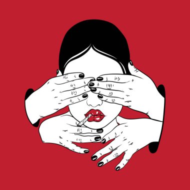  Roll-up ve insan eliyle kız vektör elle çizilmiş çizim. Şablon kartı, poster, afiş, t-shirt, PIN, rozet için yazdırmak.