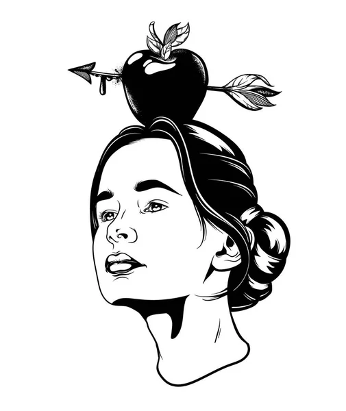 Ilustración Dibujada Mano Vectorial Niña Bonita Manzana Con Flecha Tatuaje — Vector de stock