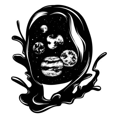 Vektör el kadın çizilen illüstrasyon dalgalar ve boşluk yerine yüz. Yaratıcı dövme sanat. Kartı, poster, afiş, t-shirt için yazdırma için şablon.