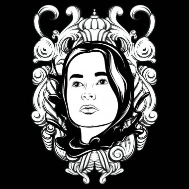 Vektör elle çizilmiş çizim güzel kadın dalgalar ve Barok çerçeve ile. Yaratıcı dövme sanat. Kartı, poster, afiş, t-shirt için yazdırma için şablon.