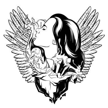 Vektör elle çizilmiş çizim güzel kadın dalgalar, kanatları ve rock. Yaratıcı dövme sanat. Kartı, poster, afiş, t-shirt için yazdırma için şablon.