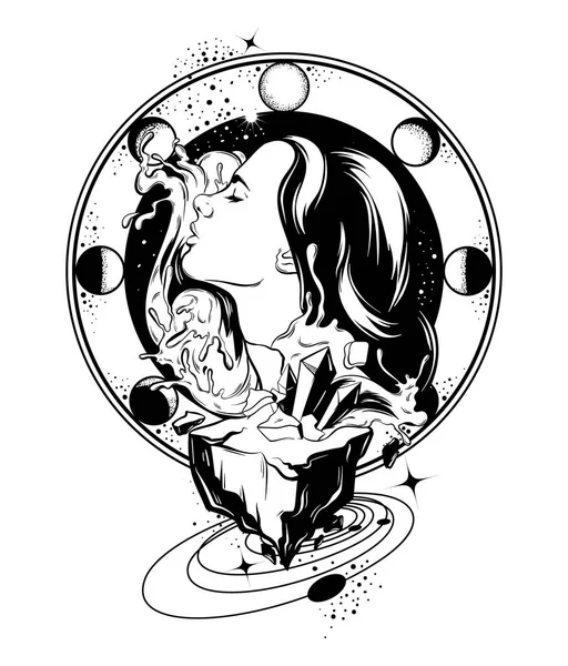 Vektorové Ručně Kreslené Ilustrace Hezká Ženská Vlnami Rock Creative Tetování — Stockový vektor