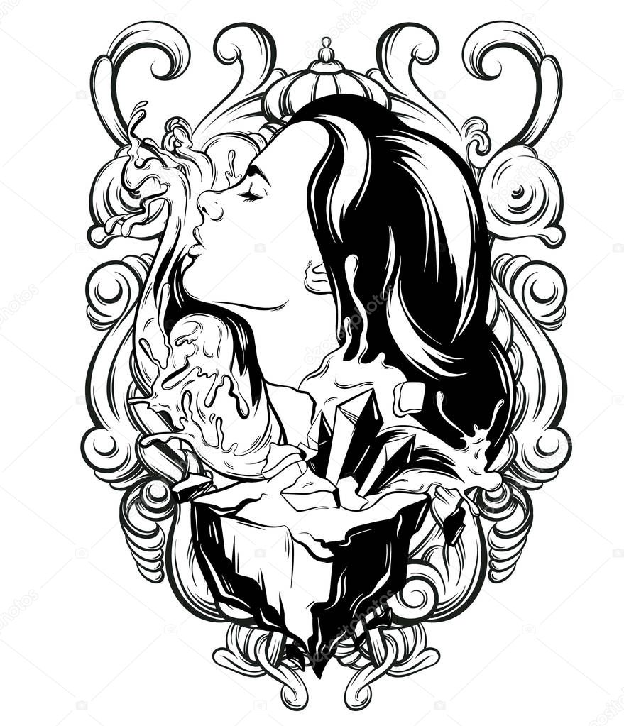 Vector hand drawn illustration of pretty woman with waves and rock. Creative tattoo artwork with baroque frame. Template for card, poster, banner, print for t-shirt.