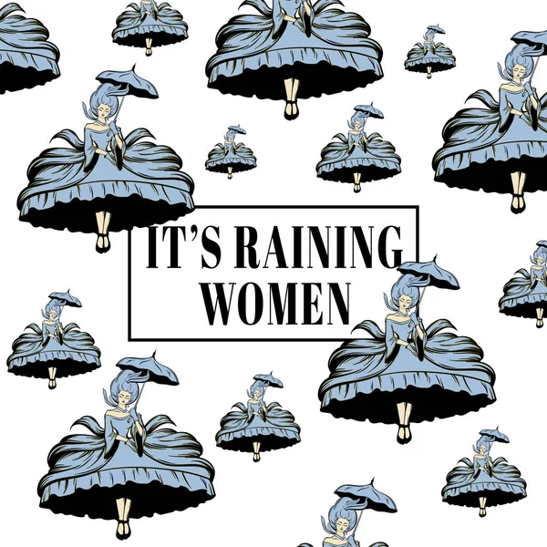 女性は雨です 手でベクトル引用表記背景は 傘があるビクトリア朝のドレスの女性の図を描画されます カード ポスター バナー シャツのプリント用テンプレート — ストックベクタ