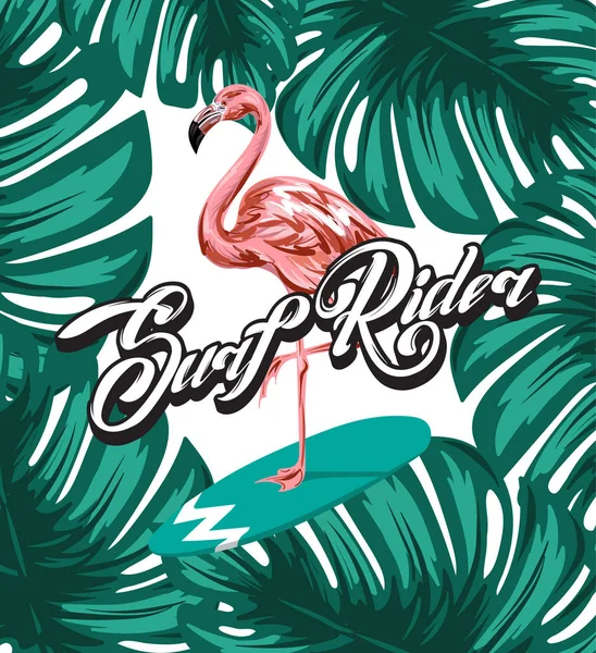 Vektör Renkli Poster Flamingo Palmiye Yaprakları Ile Sörf Tahtası Üzerinde — Stok Vektör