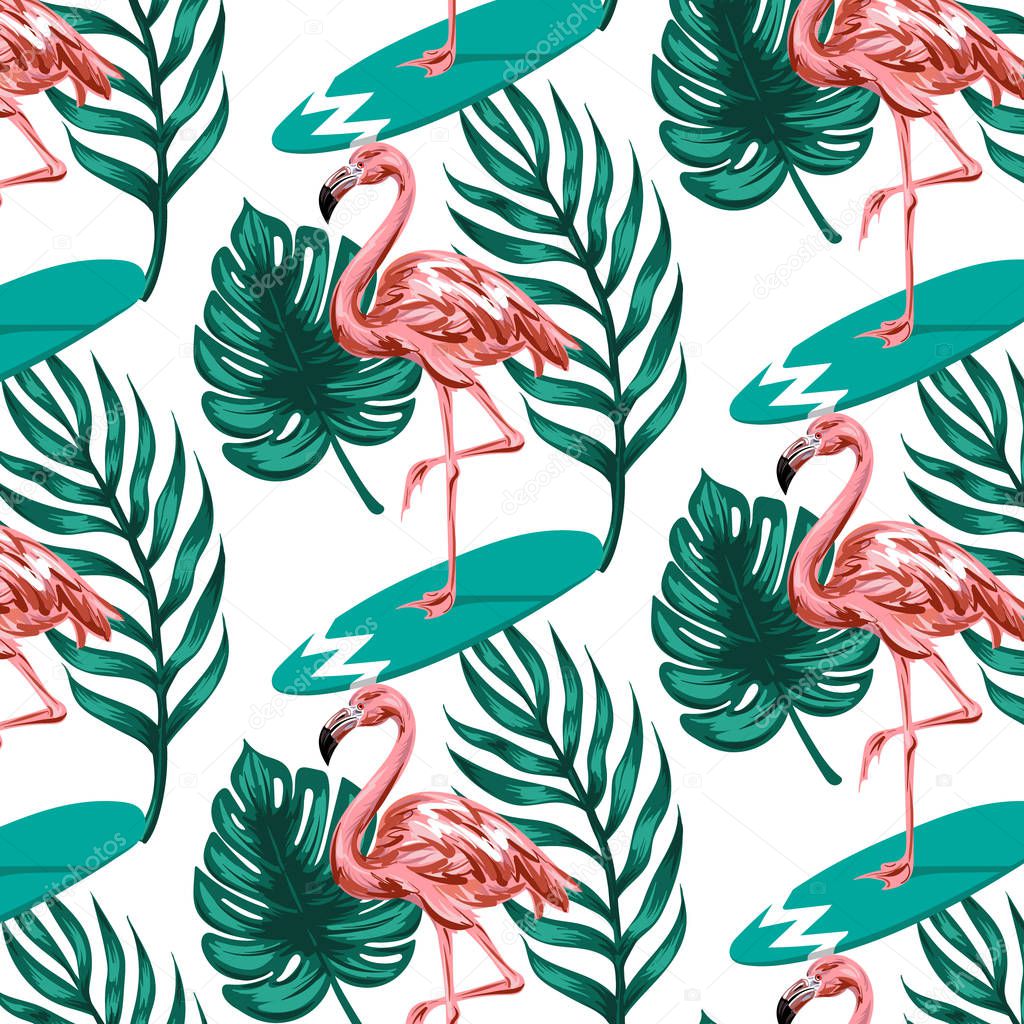 Vector colorful pattern with hand drawn illustration of  flamingo on surfboard with palm leaves. Template for card, placard, poster,  banner, print for t-shirt, pin , badge and patch. 