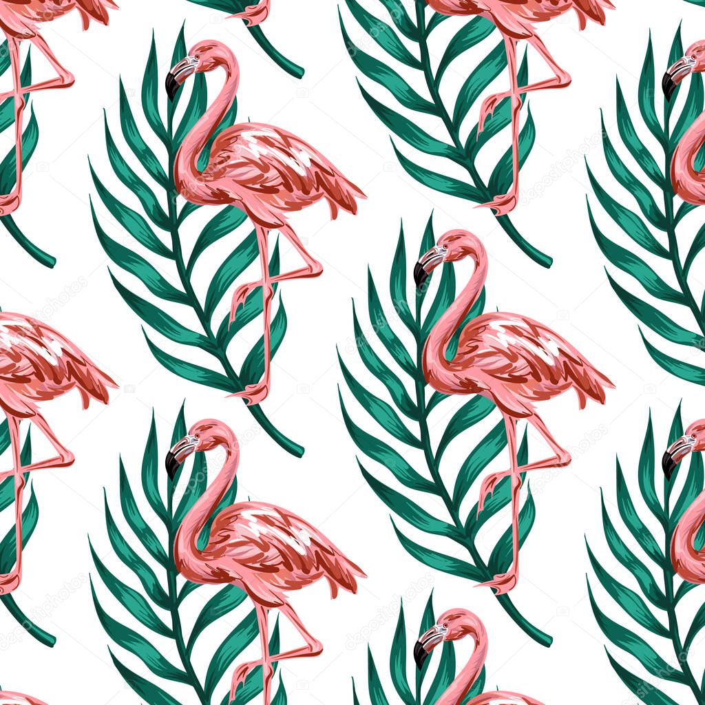 Vector colorful pattern with hand drawn illustration of  flamingo  with palm leaves. Template for card, placard, poster,  banner, print for t-shirt, pin , badge and patch. 