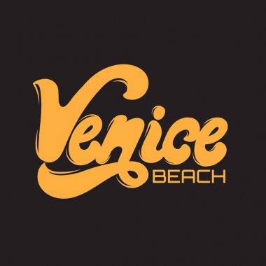 Venice sahili. Vektör renkli poster ile el yazısı harfler izole. Şablon kartı, afiş, banner, Yazdır t-shirt, PIN, rozet ve yama için. 