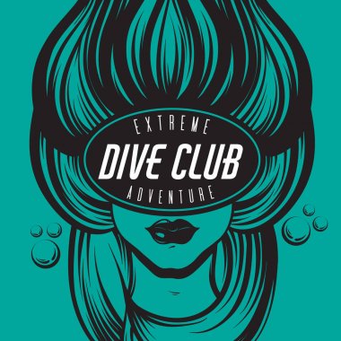 Vektör el çizimi maskeli deniz dalgaları ile kadın dalgıç çekilmiş. Yaratıcı tasarlamak. Kartı, poster, afiş, t-shirt için yazdırma için şablon.