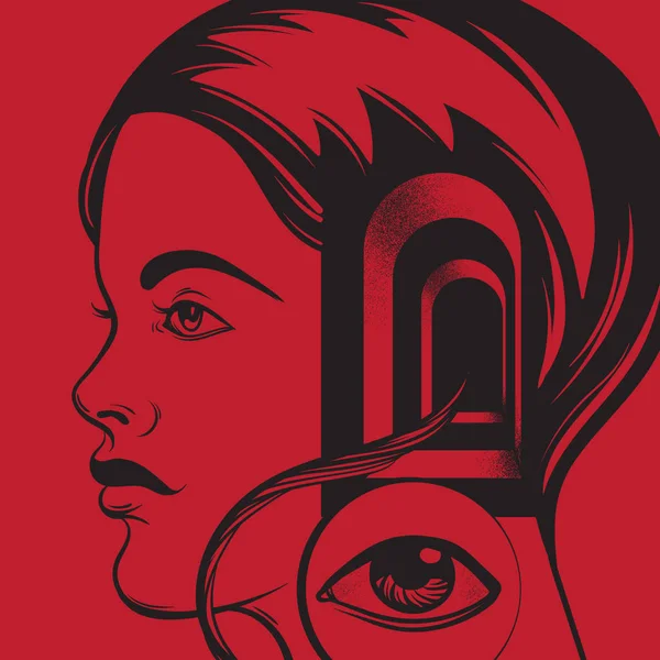 Vector Hand Drawn Illustration Young Girl Door Her Head Human — Stock Vector