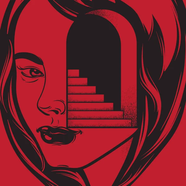 Vektör Illüstrasyon Kadın Başının Kapı Merdiven Ile Çekilmiş Dövme Resimleri — Stok Vektör