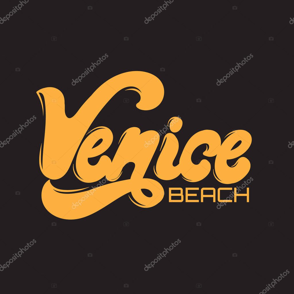 Venice beach. Vector colorful poster with handwritten lettering isolated. Template for card, placard, banner, print for t-shirt, pin , badge and patch.