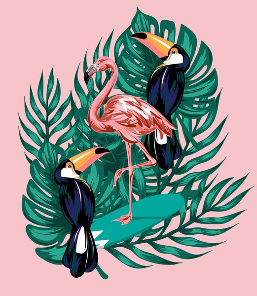 Εικονογράφηση Φορέα Χέρι Του Flamingo Σανίδα Του Σέρφιν Toucans Φύλλα — Διανυσματικό Αρχείο