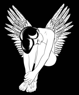 Güzel melek kanatları ile çizilen illüstrasyon vektör ver. Dövme resimleri. Şablon kartı, poster, afiş, t-shirt, PIN, rozet ve yama için yazdırma. 