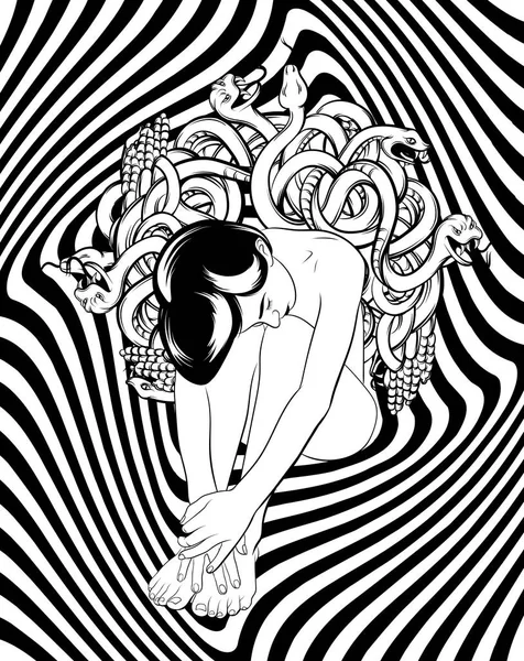 Illustration Vectorielle Dessinée Main Une Belle Femme Avec Tas Serpents — Image vectorielle