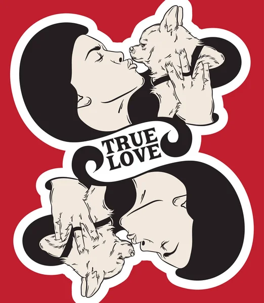 True Love Vector Hand Drawn Placard Creative Illustration Girl Kissing — Stock Vector