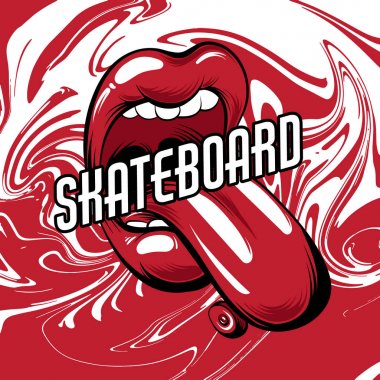 Kaykay. Vektör afişini elle çizilmiş gerçeküstü çizim kaymak ile açık ağız ile. Yaratıcı renkli kroki. Şablon kartı, poster, afiş, t-shirt, PIN, rozet ve yama için yazdırma. 