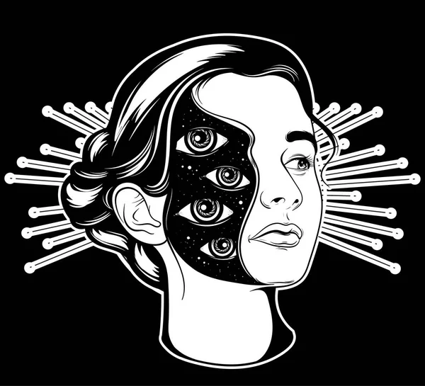 Vector Dibujado Mano Ilustración Surrealista Chica Bonita Tatuaje Plantilla Para — Vector de stock