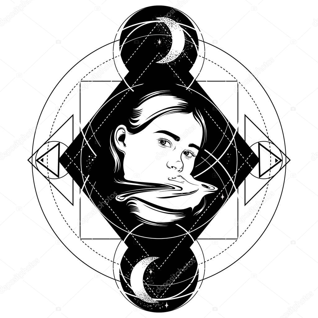 Vector hand drawn illustration of girl in surrealistic style. Tattoo artwork. Template for card, poster, banner, print for t-shirt, pin, badge and patch. 
