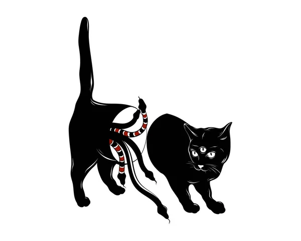 Векторная Ручная Иллюстрация Кошки Тремя Изолированными Глазами Змеями Творческая Татуировка — стоковый вектор