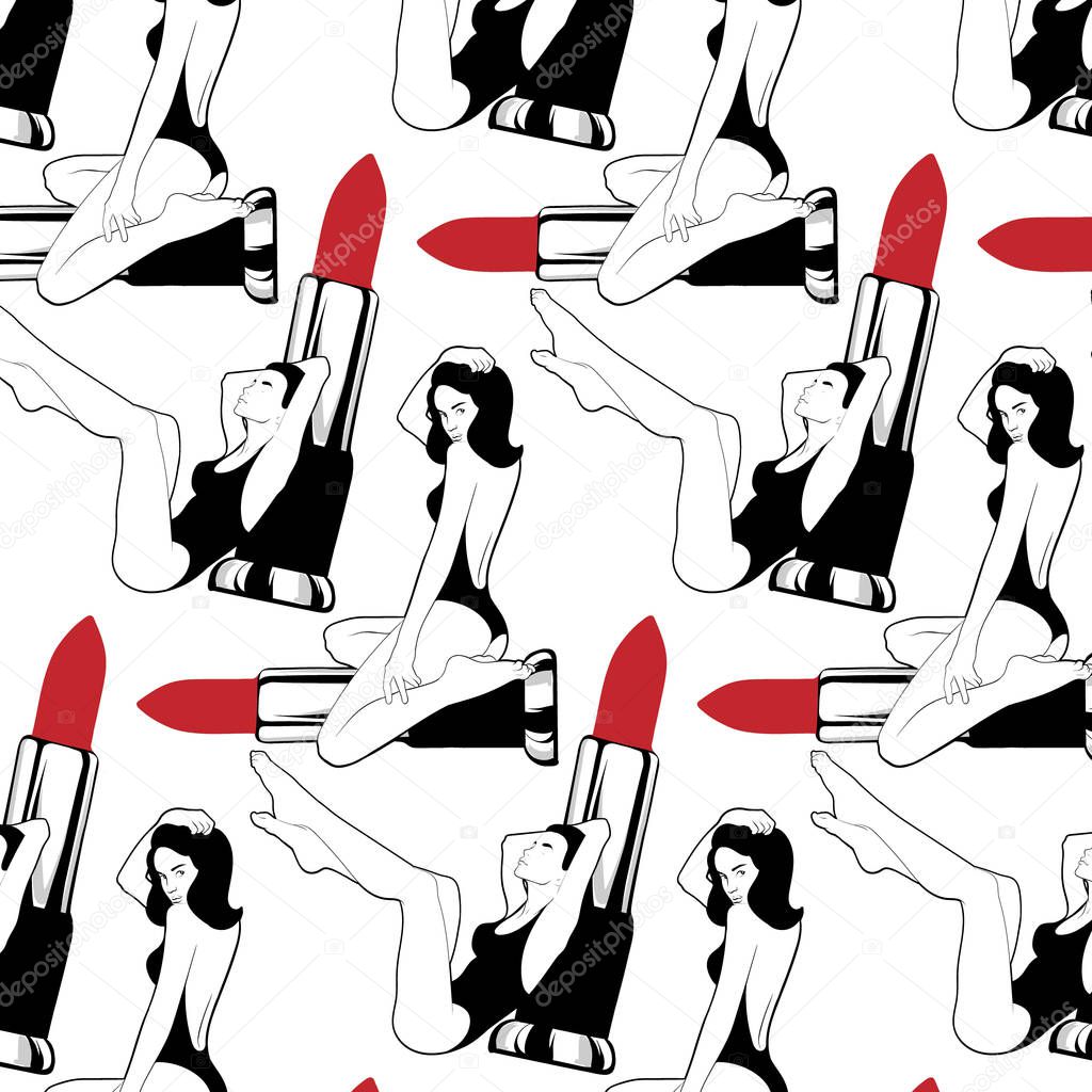 Vector pattern with hand drawn illustration of girls sitting on the red pomade. Creative  artwork. Template for card, poster, banner, print for t-shirt, pin, badge, patch.