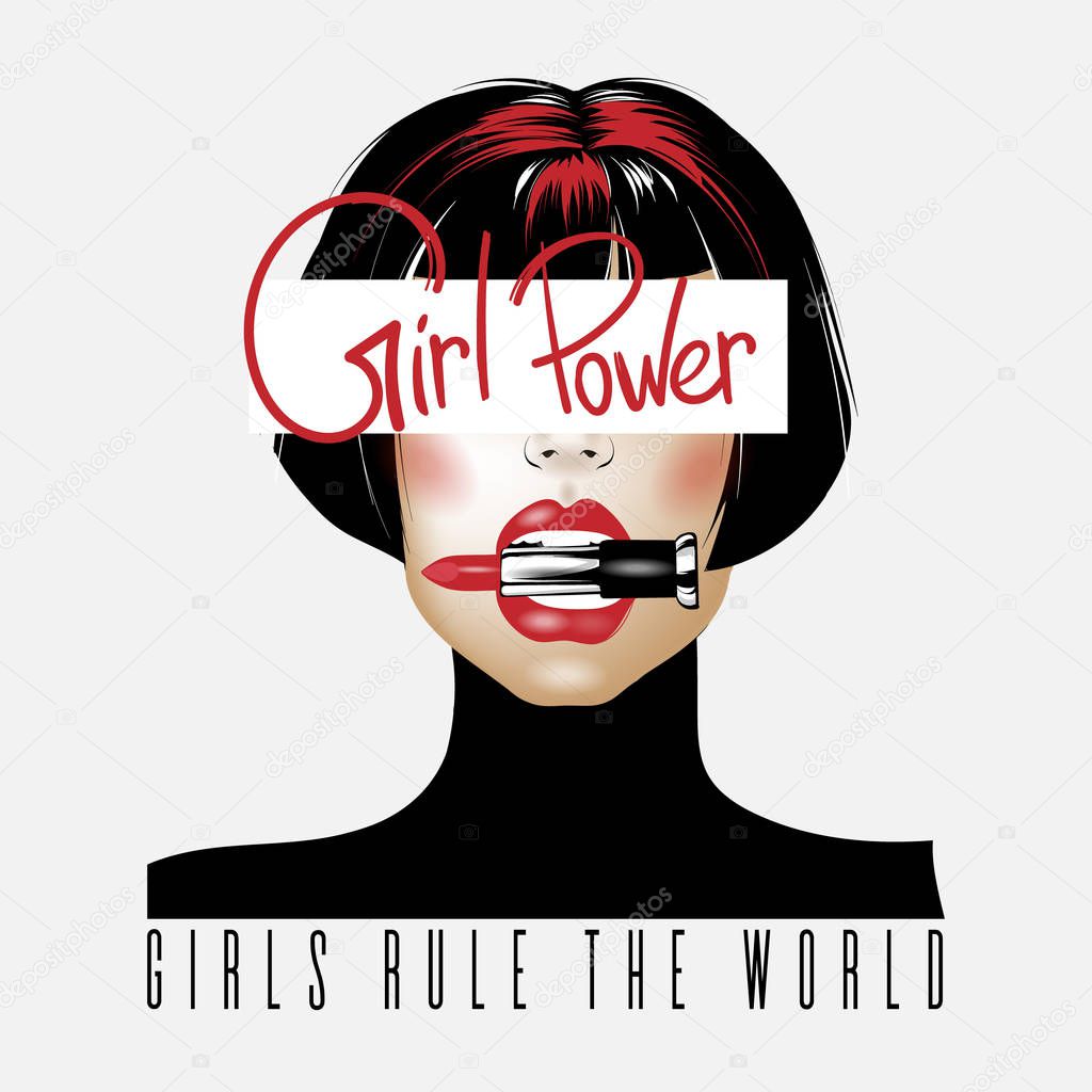 Girl power. Vector hand drawn illustration of girl biting pomade isolated. Creative  artwork. Template for card, poster, banner, print for t-shirt, pin, badge, patch.