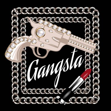 Gangster. İncili, kırmızı aromalı ve zincirli silah tasviri. Yaratıcı sanat eserleri. Kart şablonu, poster. Pankart, tişört, broş, rozet, yama.