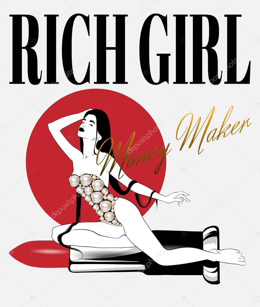 Rich girl. Money maker.  Vector hand drawn illustration of girl in swimsuit with pomade isolated. Creative  artwork. Template for card, poster, banner, print for t-shirt, pin, badge, patch.