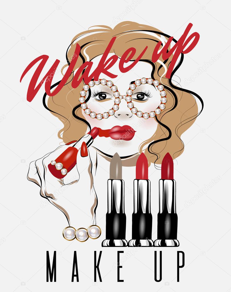Wake up make up. Vector hand drawn illustration of girl with pomades isolated. Creative  artwork. Template for card, poster, banner, print for t-shirt, pin, badge, patch.