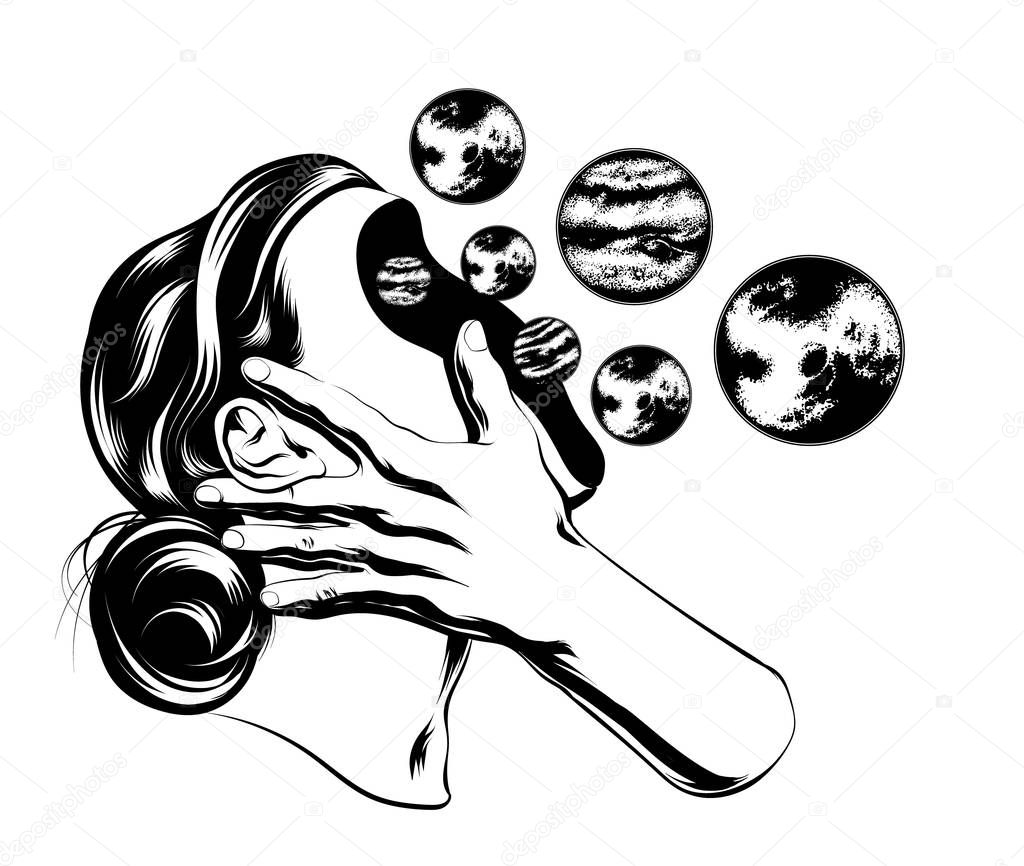 Vector hand drawn illustration of girl with planets . Creative  artwork. Template for card, poster. banner, print for t-shirt, pin, badge, patch.