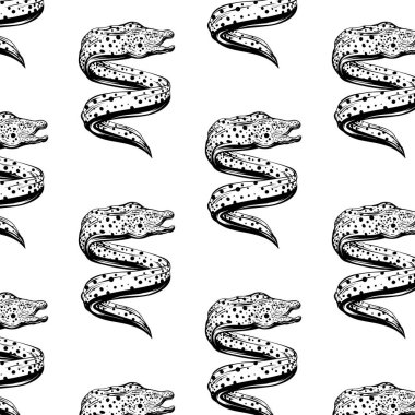 Vector pattern with hand drawn iluustration of moray eels isolated. Template for card, poster, banner, print for t-shirt, pin, badge, patch. clipart