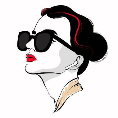 Kablosuz kulaklığı olan bir kızın çizdiği çizim. Kart, poster, afiş, tişört, rozet, yama için baskı şablonu.