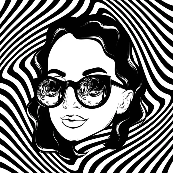 Vector Hand Drawn Illustration Curly Girl Sunglasses Isolated Surreal Tattoo — ストックベクタ