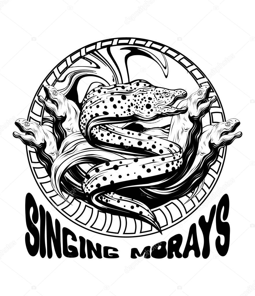 Singing morays. Vector hand drawn iluustration of moray eels isolated. Tattoo artwork.  Template for card, poster, banner, print for t-shirt, pin, badge, patch.