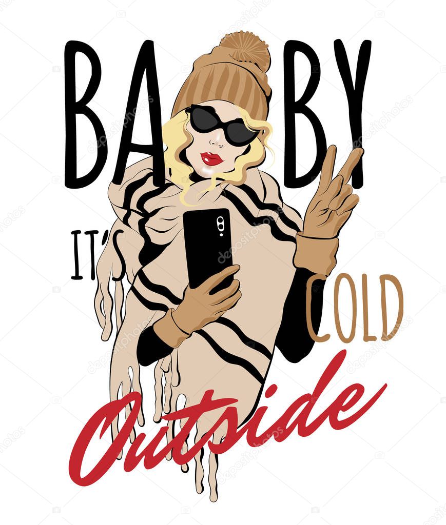 Baby, it's cold outside. Vector hand drawn illustration of girl with curly hair isolated. Template for card, poster, banner, print for t-shirt, pin, badge, patch.
