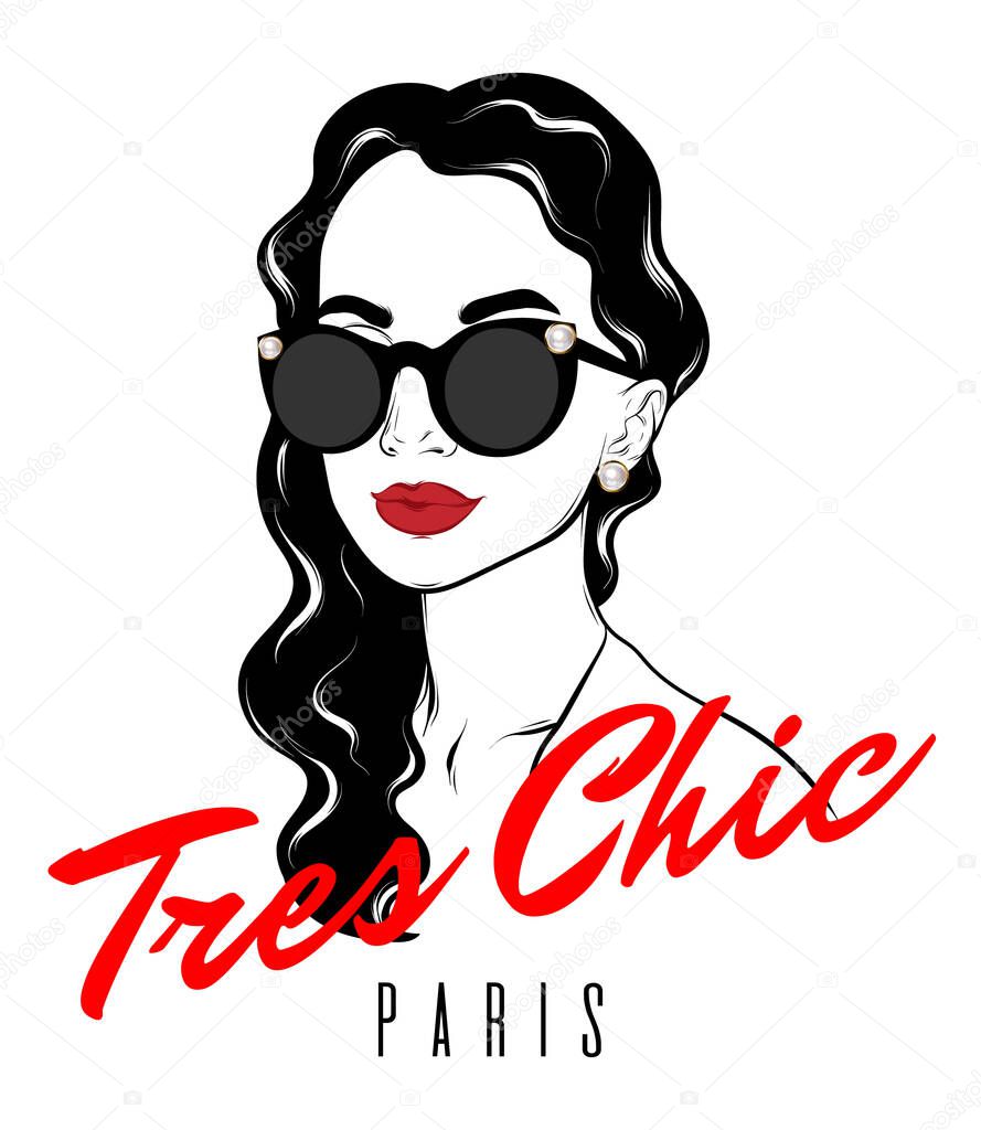 Tres chic. Paris. Vector hand drawn illustration of girl with curly hair isolated. Template for card, poster, banner, print for t-shirt, pin, badge, patch.