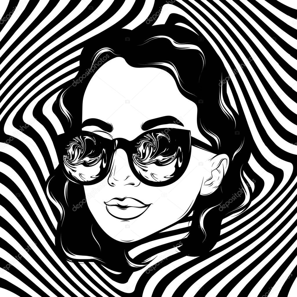 Vector hand drawn illustration of curly girl in sunglasses isolated. Surreal tattoo artwork.  Template for card, poster, banner, print for t-shirt, pin, badge, patch.