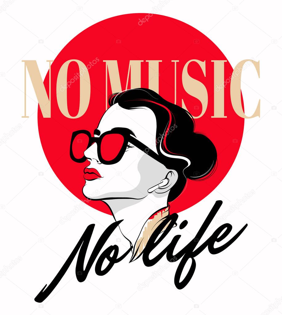 No music, no life. Vector hand drawn illustration of girl with wireless headphones isolated. Template for card, poster, banner, print for t-shirt, pin, badge, patch.