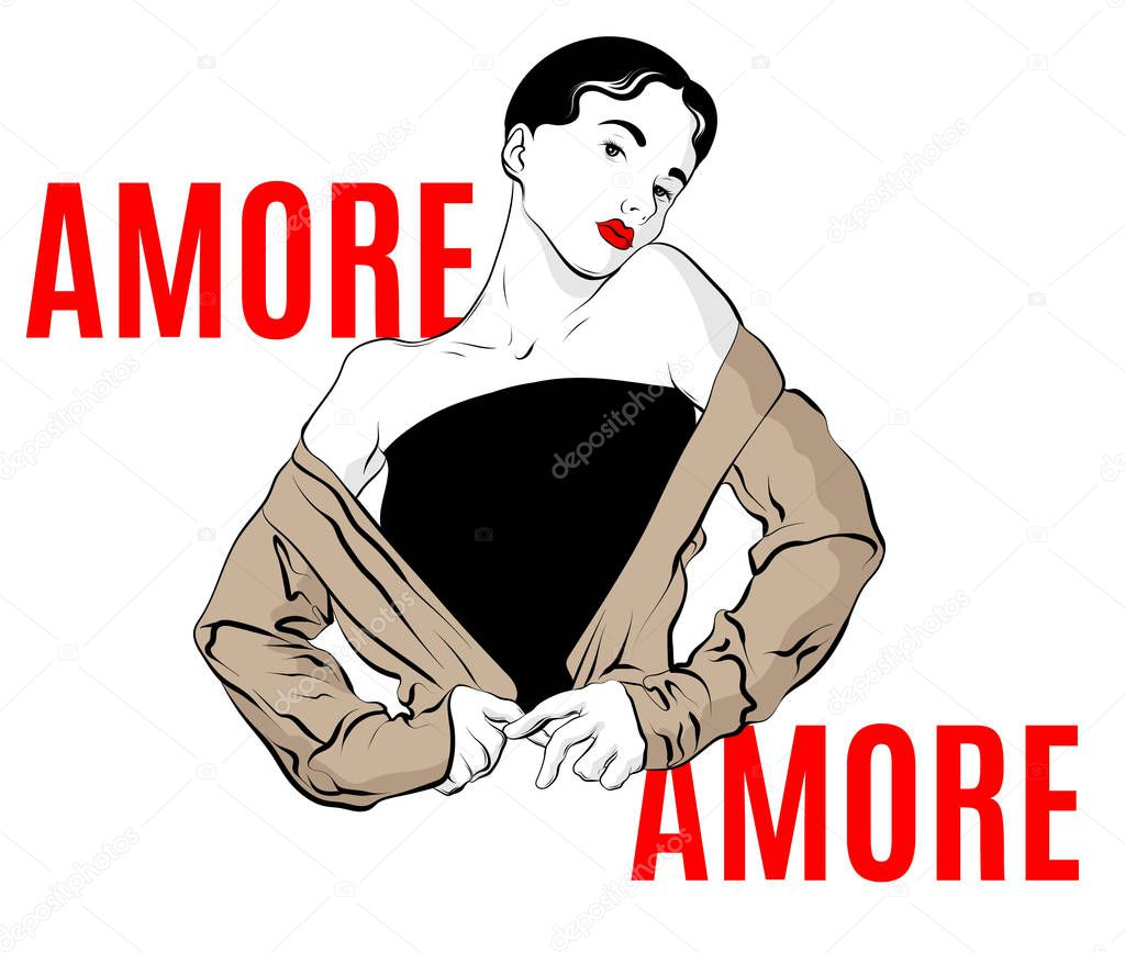 Amore. Vector hand drawn illustration of girl isolated. Creative artwork. Template for card, poster, banner, print for t-shirt, pin, badge, patch.