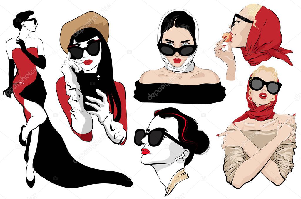Vector hand drawn set of illustration of girls in sunglasses isolated. Creative artwork. Template for card, poster, banner, print for t-shirt, pin, badge, patch.