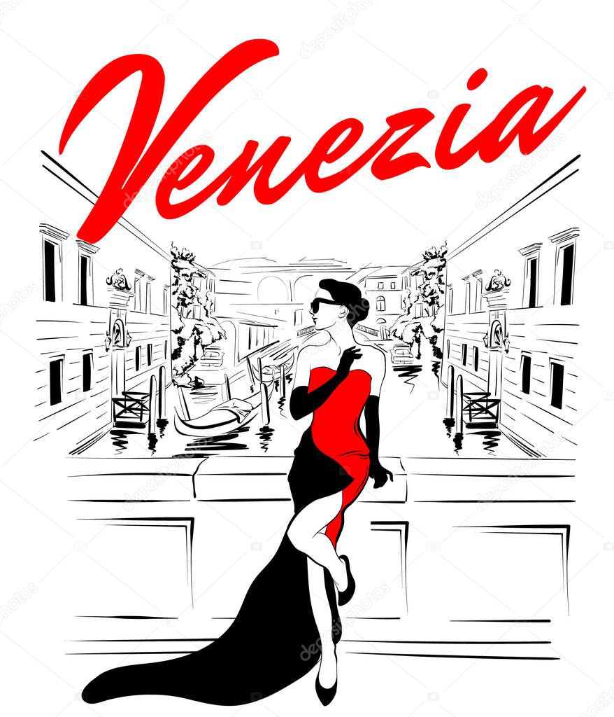 Vector hand drawn illustration of girl in Venice isolated. Creative artwork. Template for card, poster, banner, print for t-shirt, pin, badge, patch.