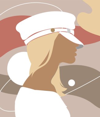 Vektör el çizimi, Breton şapkalı bir kızın minimalist çizimi. Yaratıcı soyut sanat eserleri. Kartpostal, poster, afiş, tişört, etiket, yama için baskı şablonu.