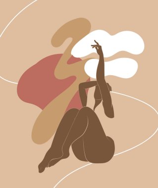 İzole edilmiş bir kızın vektör eliyle çizilmiş minimalist çizimi. Soyut şekilli yaratıcı sanat eserleri. Kartpostal, poster, afiş, tişört, etiket, yama için baskı şablonu.