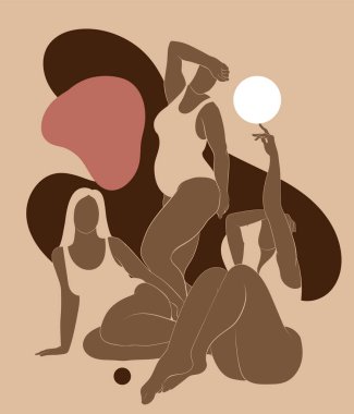 İzole edilmiş kızların minimalist çizimi. Soyut şekilli yaratıcı sanat eserleri. Kartpostal, poster, afiş, tişört, etiket, yama için baskı şablonu.