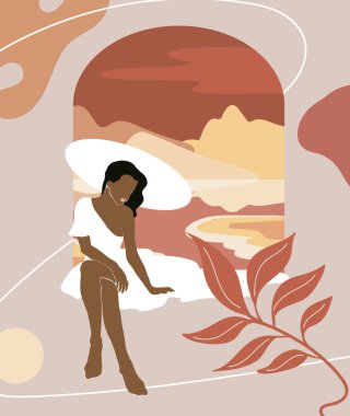 Şapka ve maksimum giysili oturan bir kızın minimalist el çizimi. Yaratıcı soyut sanat eserleri. Kartpostal, poster, afiş, tişört, etiket, yama için baskı şablonu.