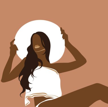 Şapkalı bir kızın minimalist el çizimi çizimi. Yaratıcı soyut sanat eserleri. Kartpostal, poster, afiş, tişört, etiket, yama için baskı şablonu.