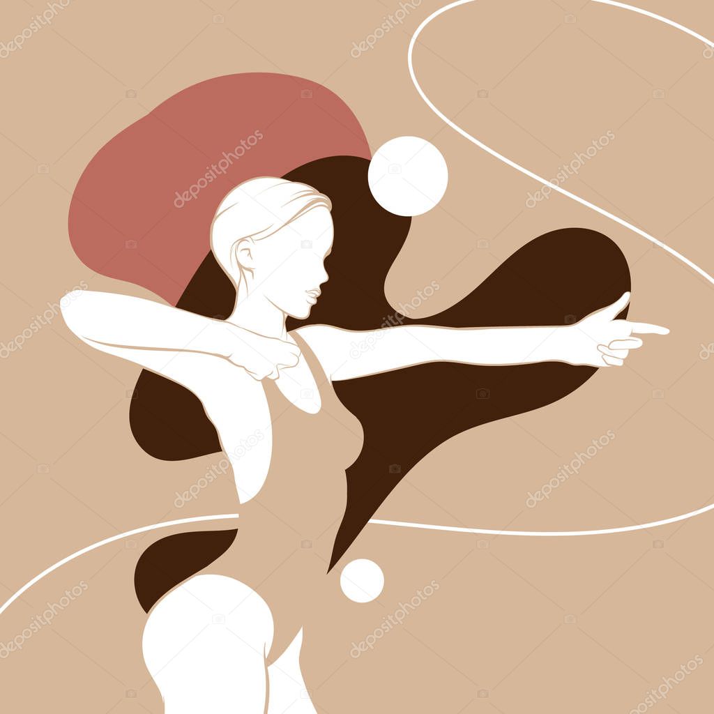 Vector  hand drawn minimalistic  illustration of shooting girl  isolated. Creative  artwork with abstract shapes. Template for postcard, poster, banner, print for t-shirt, label,  patch.